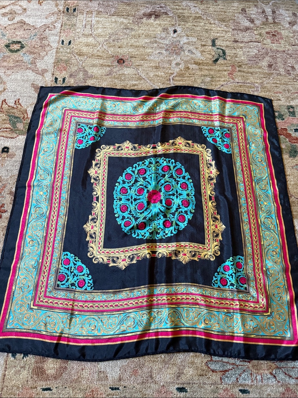 Black Scarf with Turquoise, Red, Green and Gold Motif